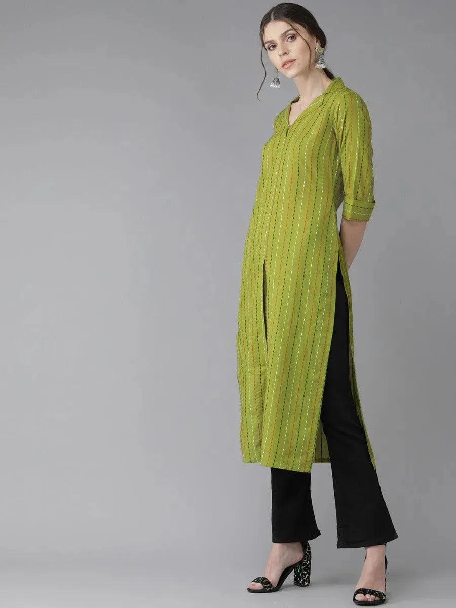 Green Striped Cotton Kurta - Libas 