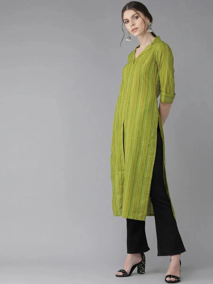 Green Striped Cotton Kurta - Libas