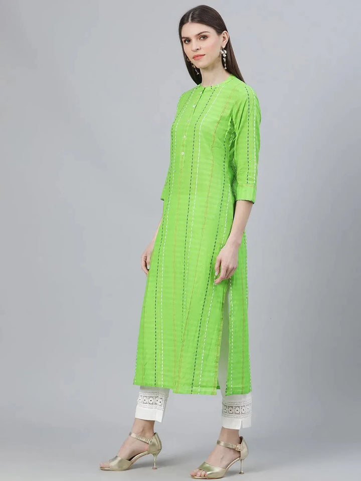 Green Striped Cotton Kurta - Libas