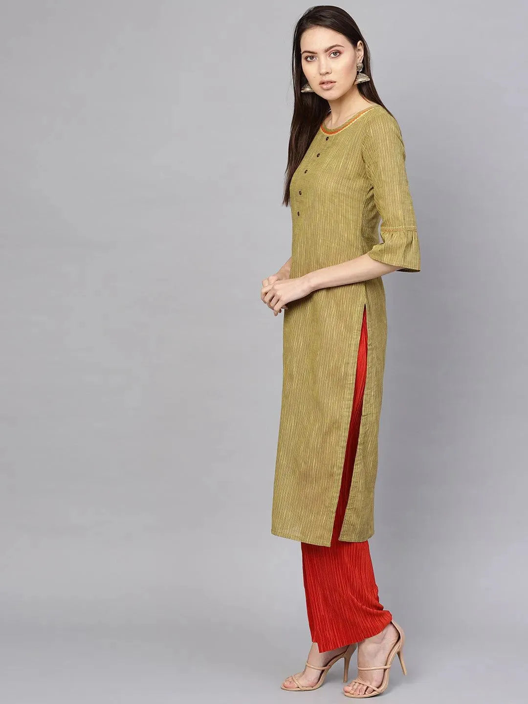 Green Striped Cotton Kurta - Libas 