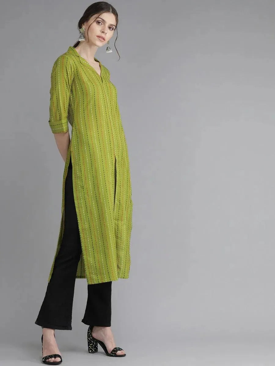 Green Striped Cotton Kurta - Libas