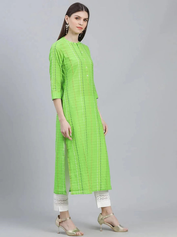 Green Striped Cotton Kurta - Libas