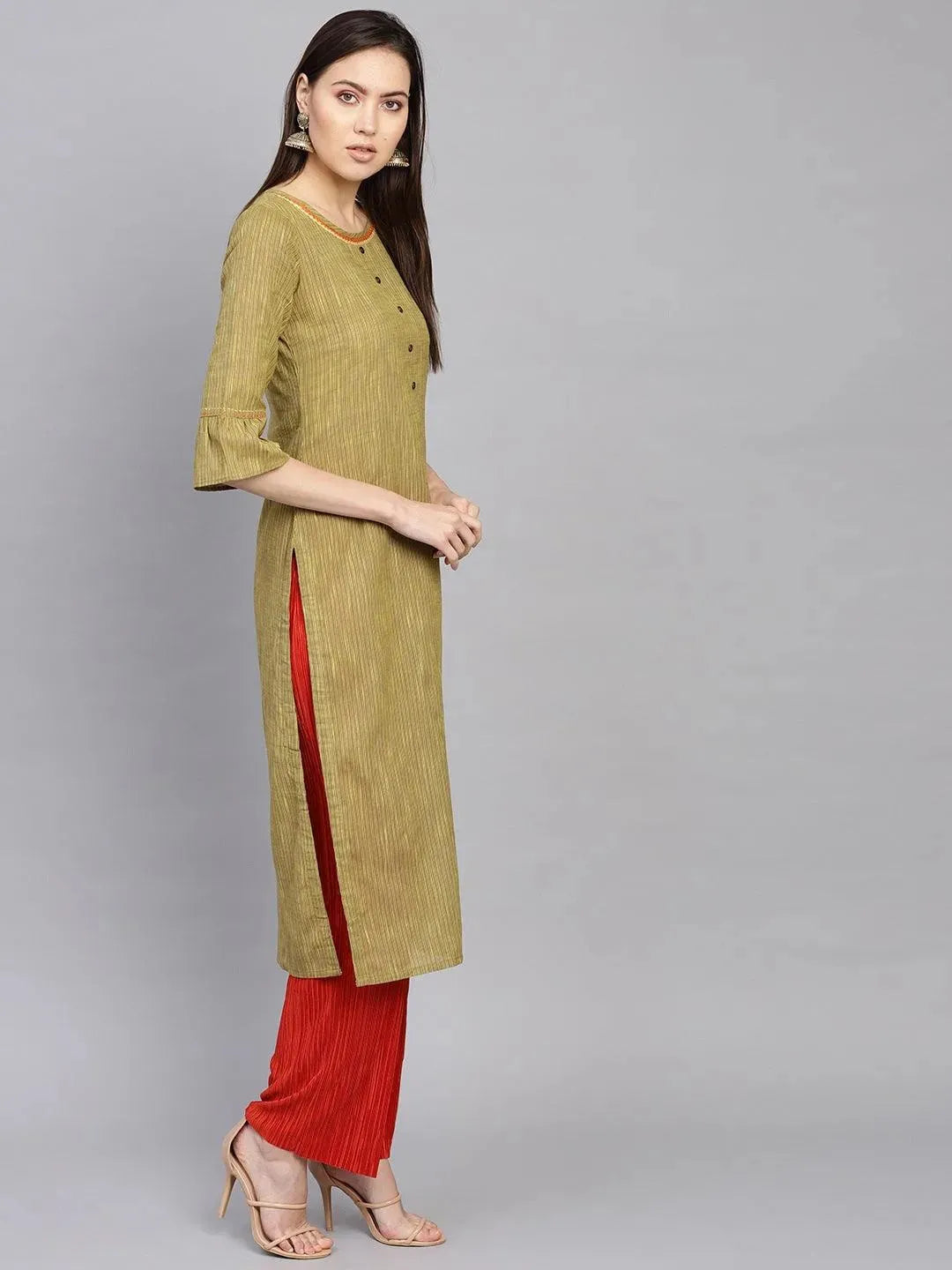 Green Striped Cotton Kurta - Libas 