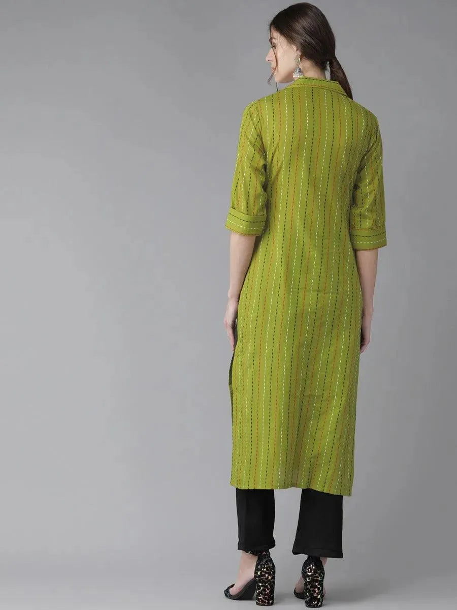 Green Striped Cotton Kurta - Libas