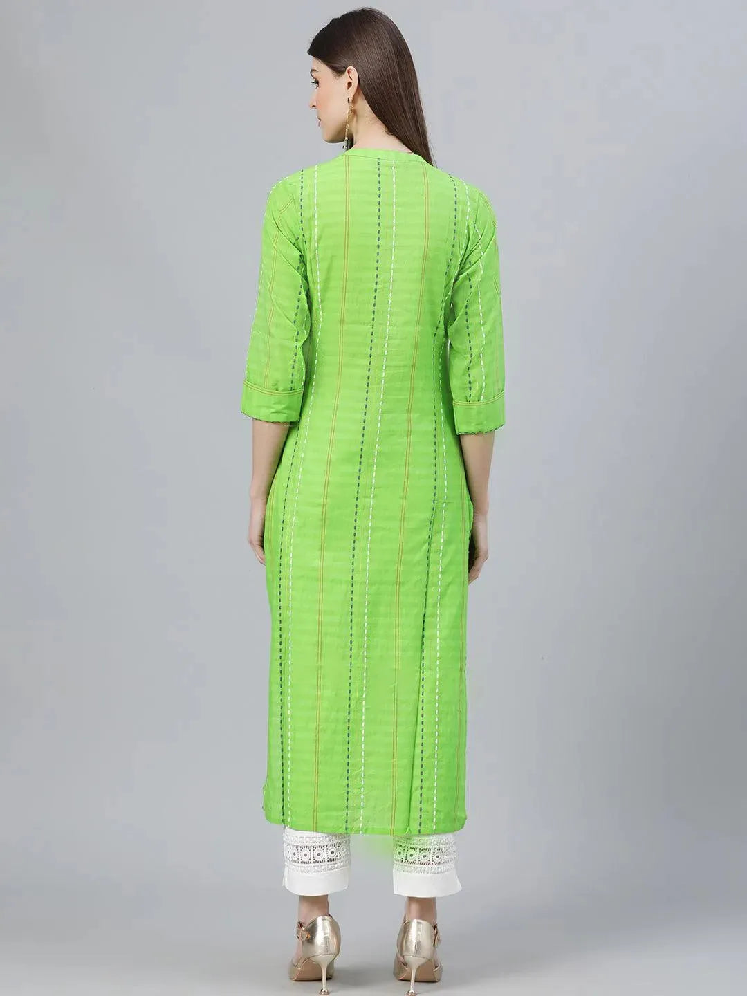 Green Striped Cotton Kurta - Libas