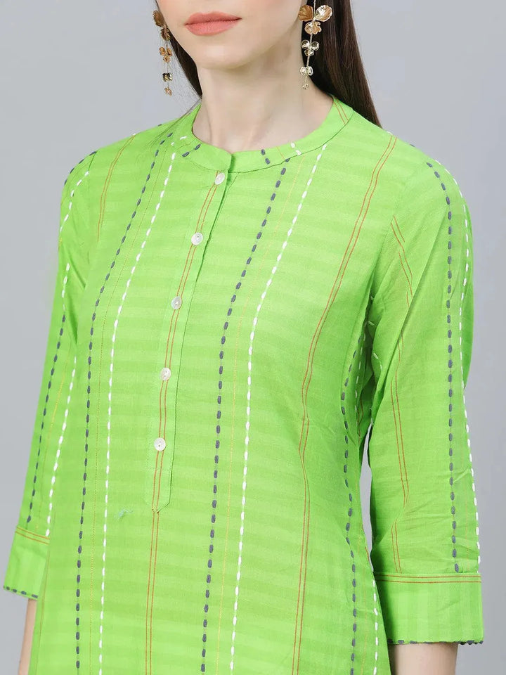 Green Striped Cotton Kurta - Libas