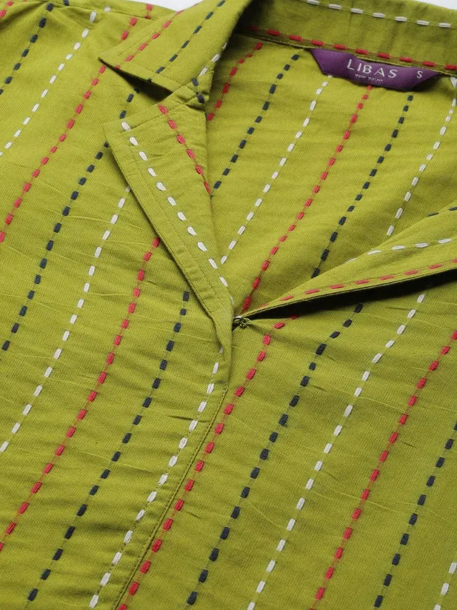Green Striped Cotton Kurta - Libas 