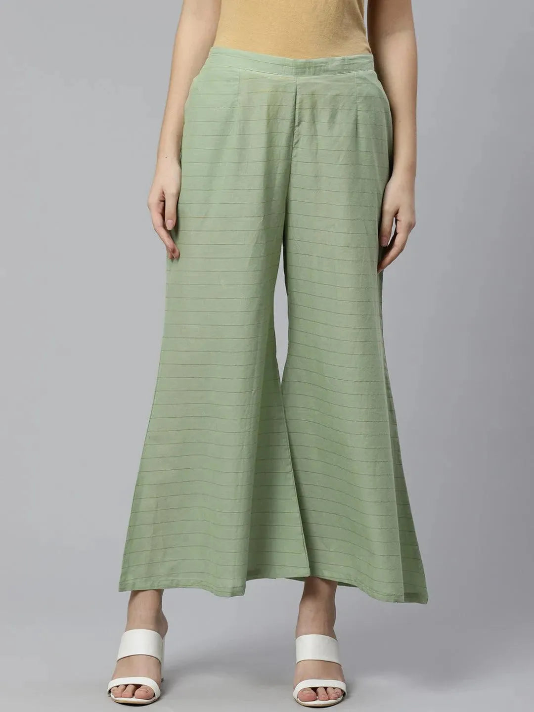 Green Striped Cotton Palazzos - Libas