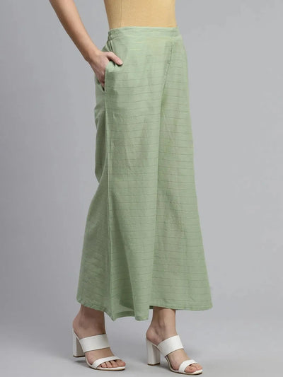 Green Striped Cotton Palazzos - Libas