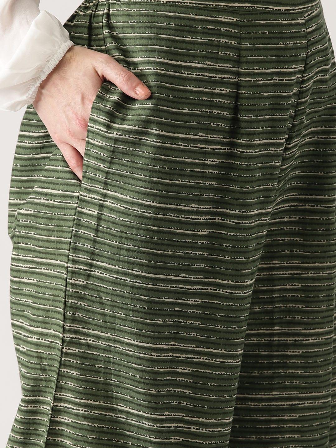 Green Striped Cotton Palazzos - Libas
