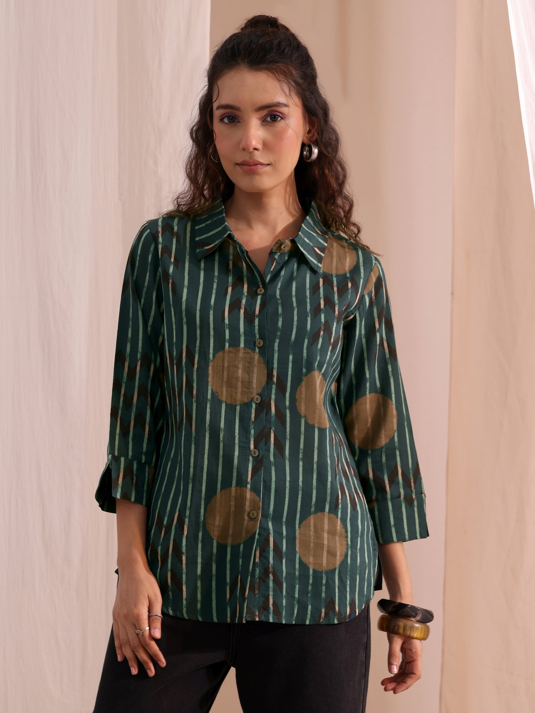 Bottle Green Striped Printed Cotton Shirt-image-13