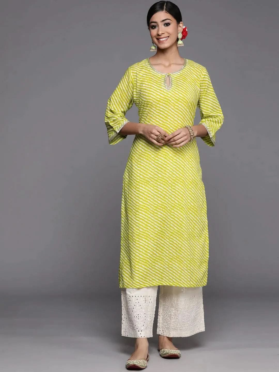 

Green Striped Cotton Straight Kurta