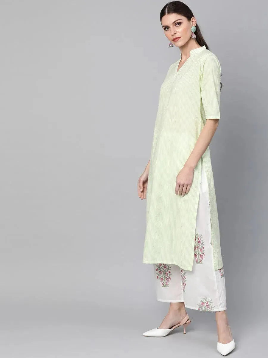 Green Striped Cotton Suit Set - Libas