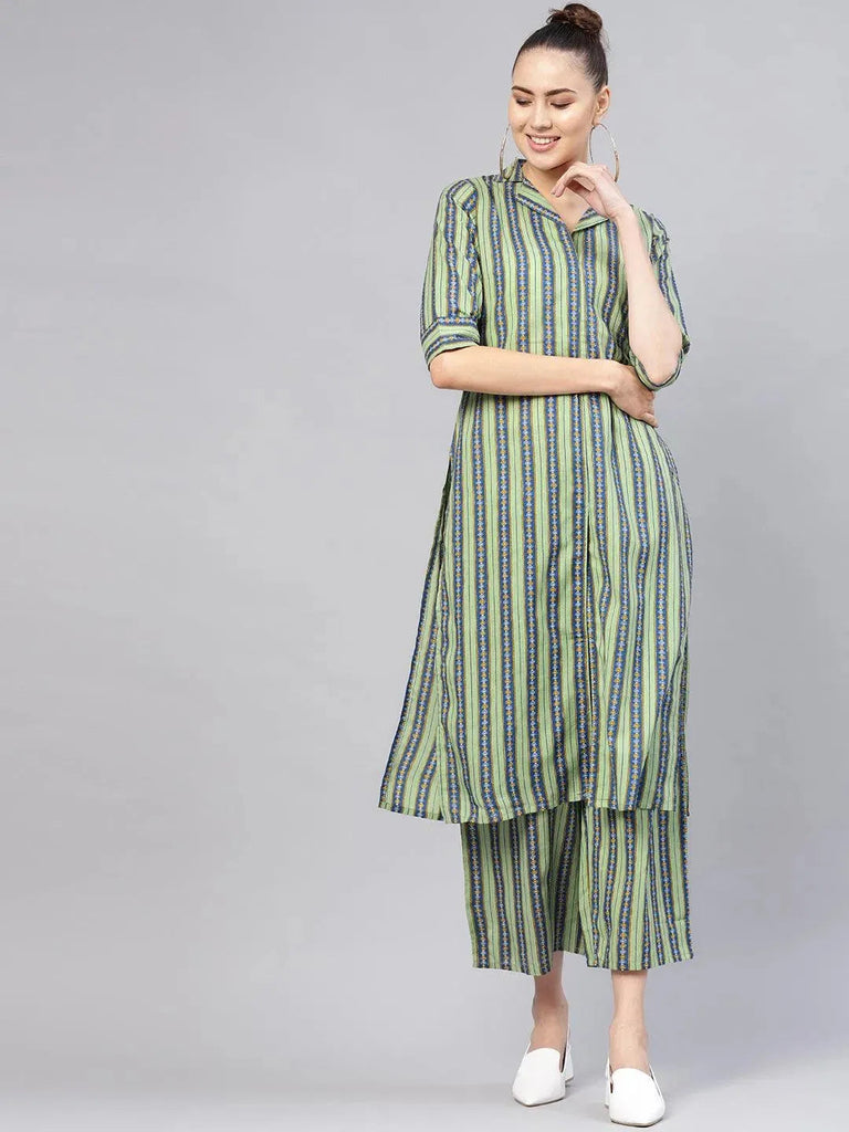 Libas Green Striped Cotton Straight Kurta With Palazzos