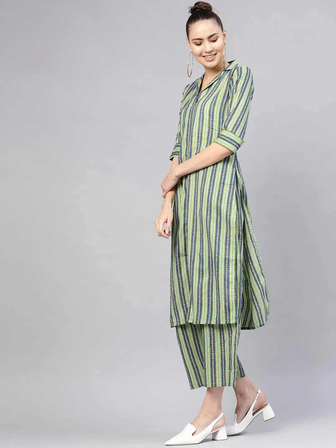 Green Striped Cotton Kurta Set - Libas 