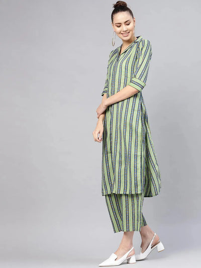 Green Striped Cotton Kurta Set - Libas