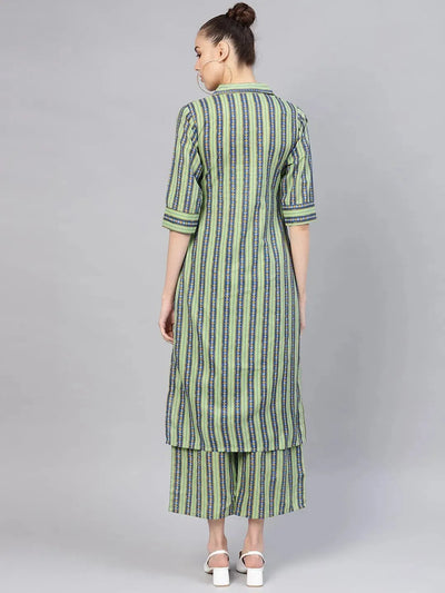 Green Striped Cotton Kurta Set - Libas