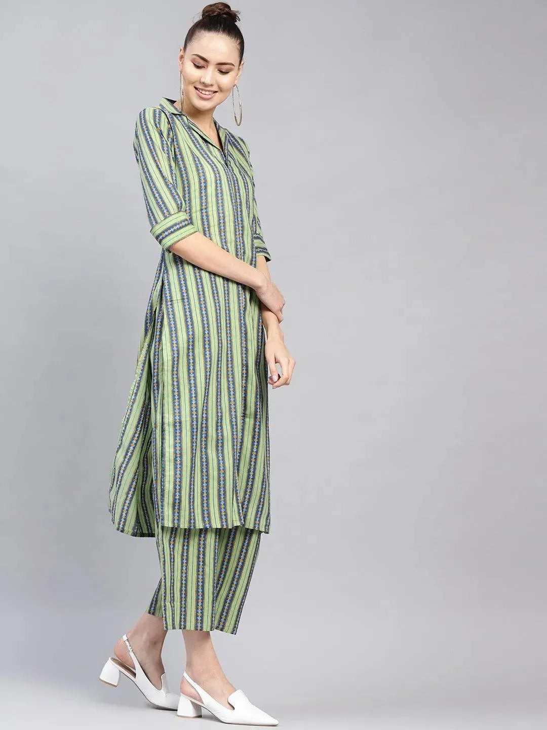 Green Striped Cotton Kurta Set - Libas 