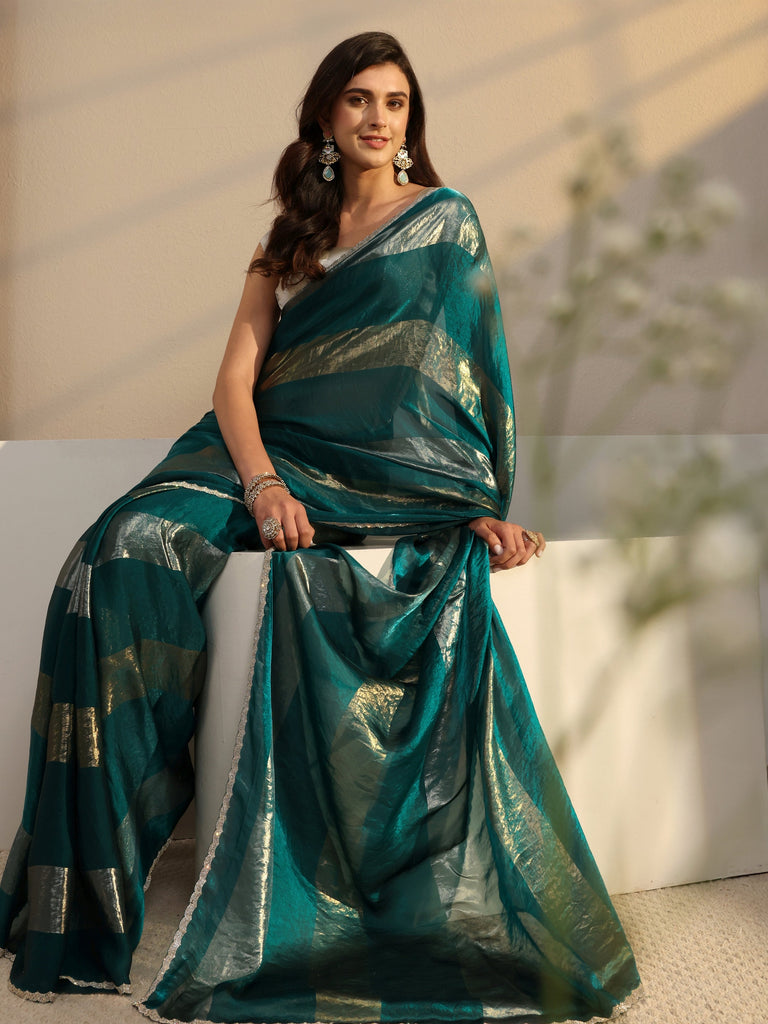 Libas Green Striped Embellished Tissue Saree With Unstitched Blouse Piece