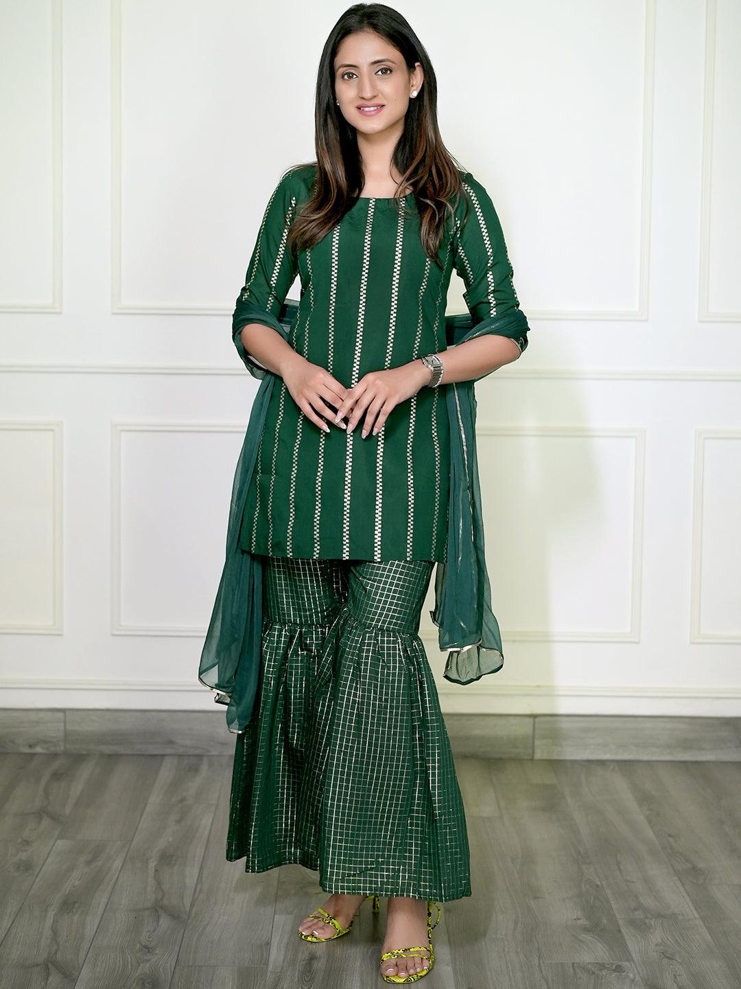 Green Striped Polyester Straight Sharara Suit Set With Dupatta