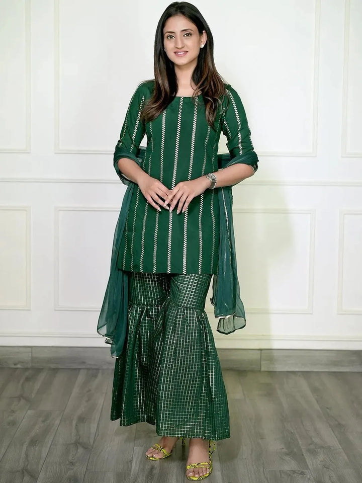 Green Striped Polyester Suit Set - Libas