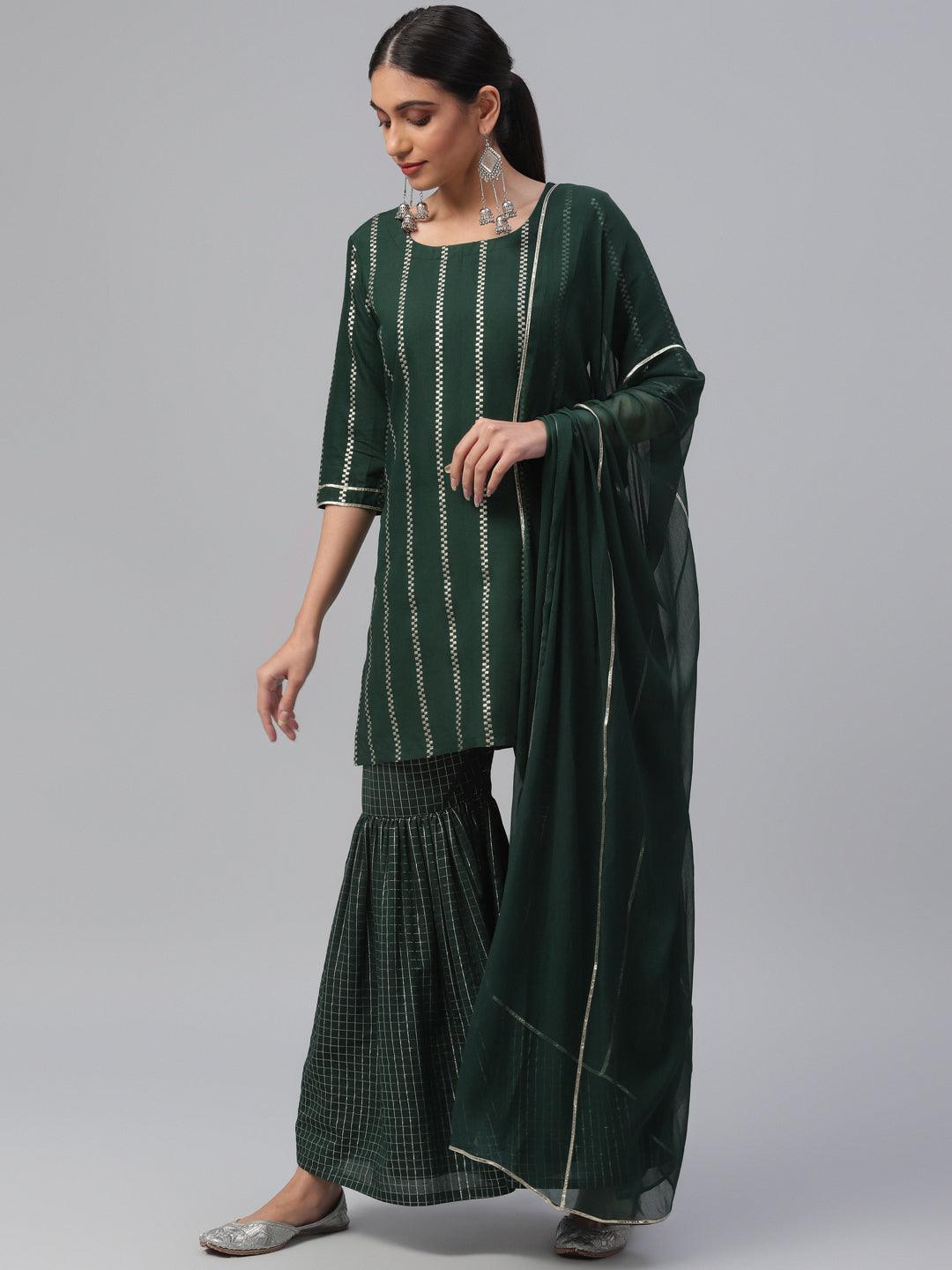 Green Striped Polyester Straight Sharara Suit Set With Dupatta