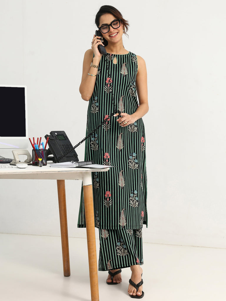 Gerua Green Striped Printed Cotton Blend Straight Kurta Set