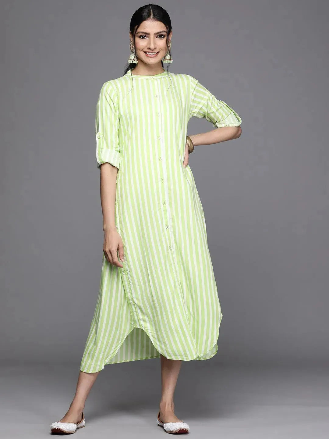 Green Striped Rayon Dress - Libas