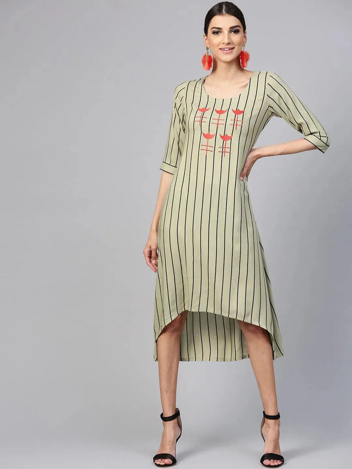 Green Striped Rayon Dress - Libas