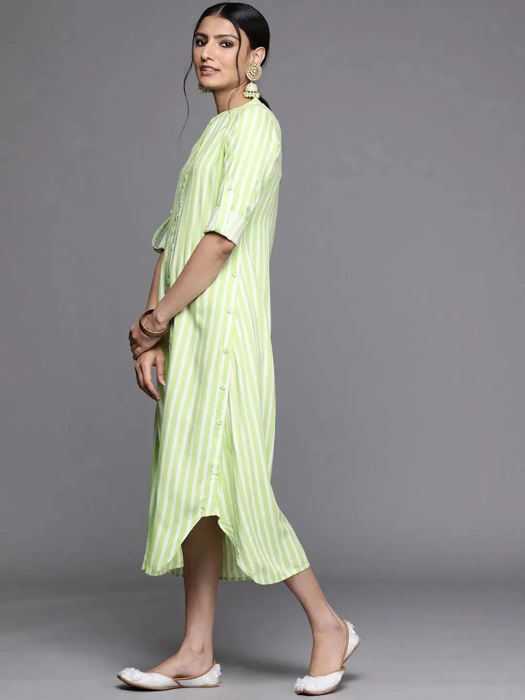Green Striped Rayon Dress - Libas 