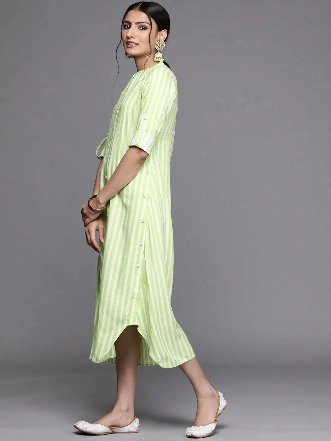 Green Striped Rayon Dress - Libas