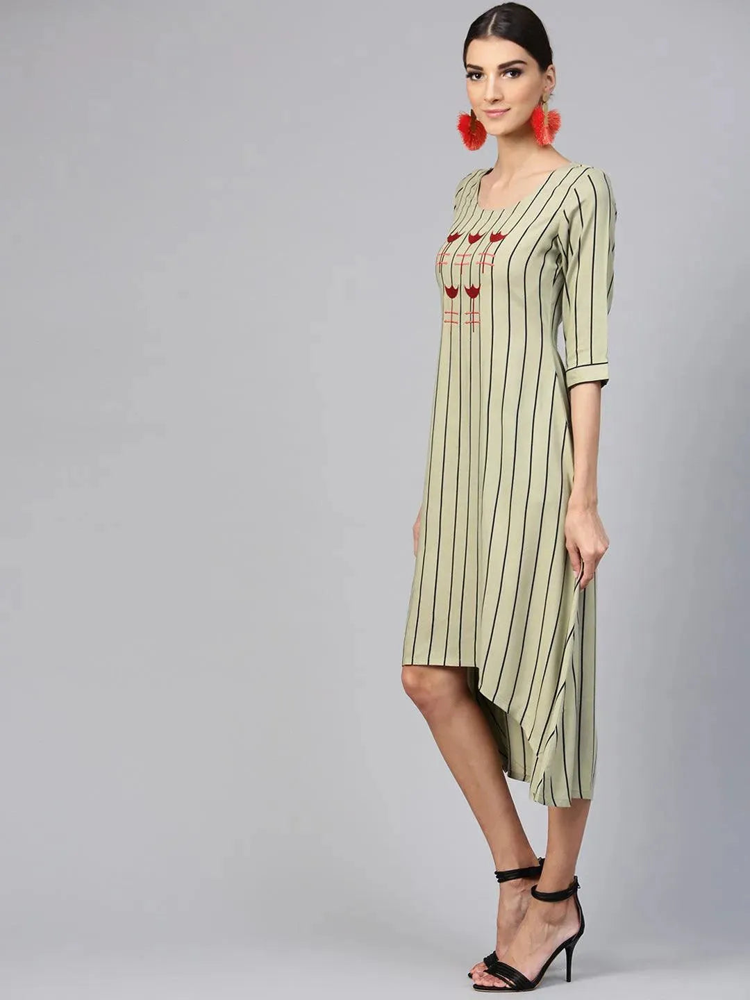 Green Striped Rayon Dress - Libas