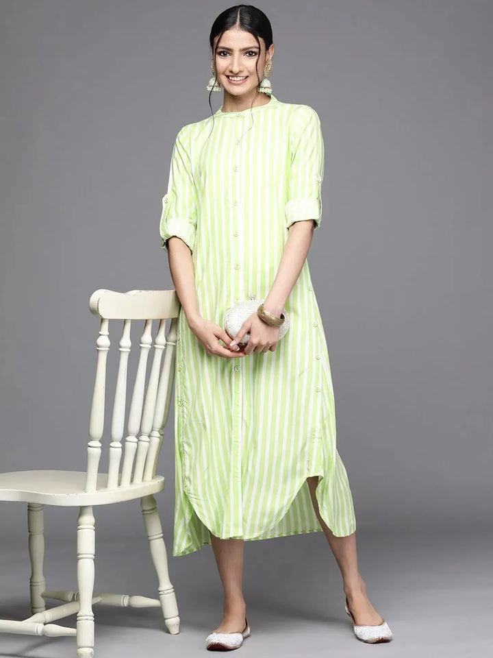 Green Striped Rayon Dress - Libas