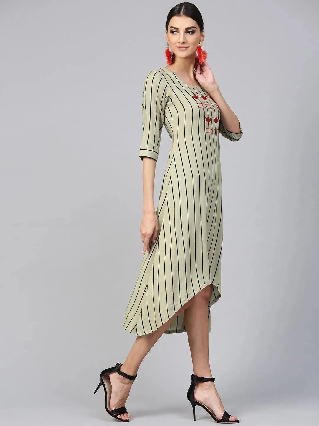 Green Striped Rayon Dress - Libas