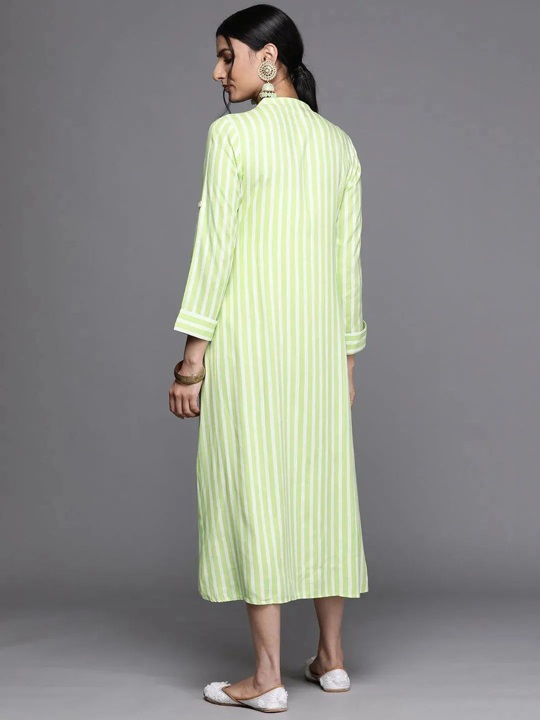 Green Striped Rayon Dress - Libas 