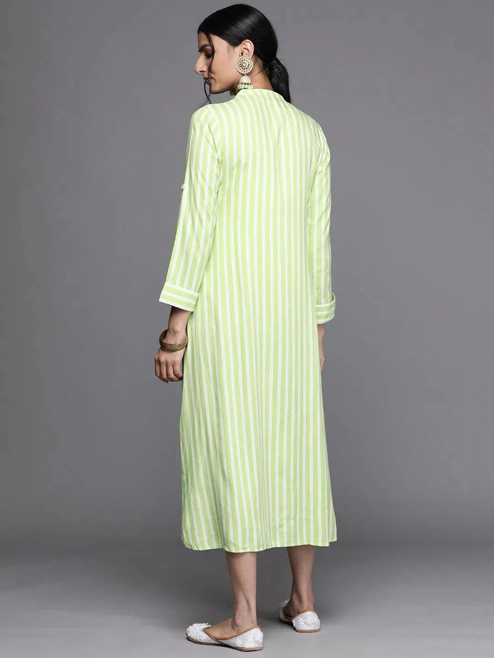 Green Striped Rayon Dress - Libas