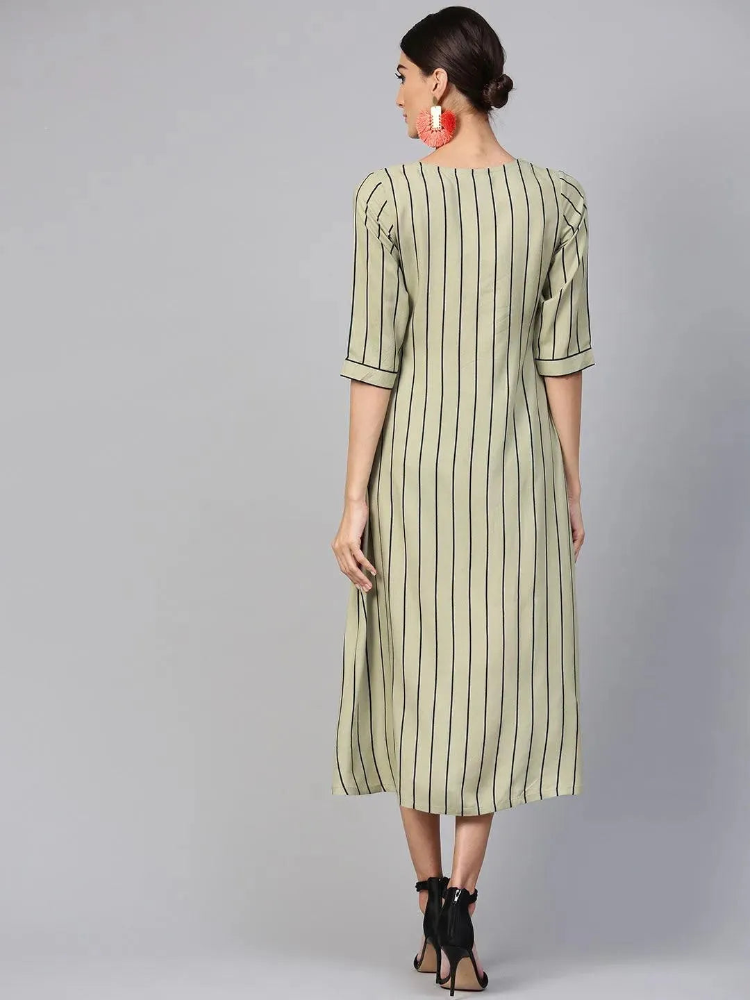 Green Striped Rayon Dress - Libas