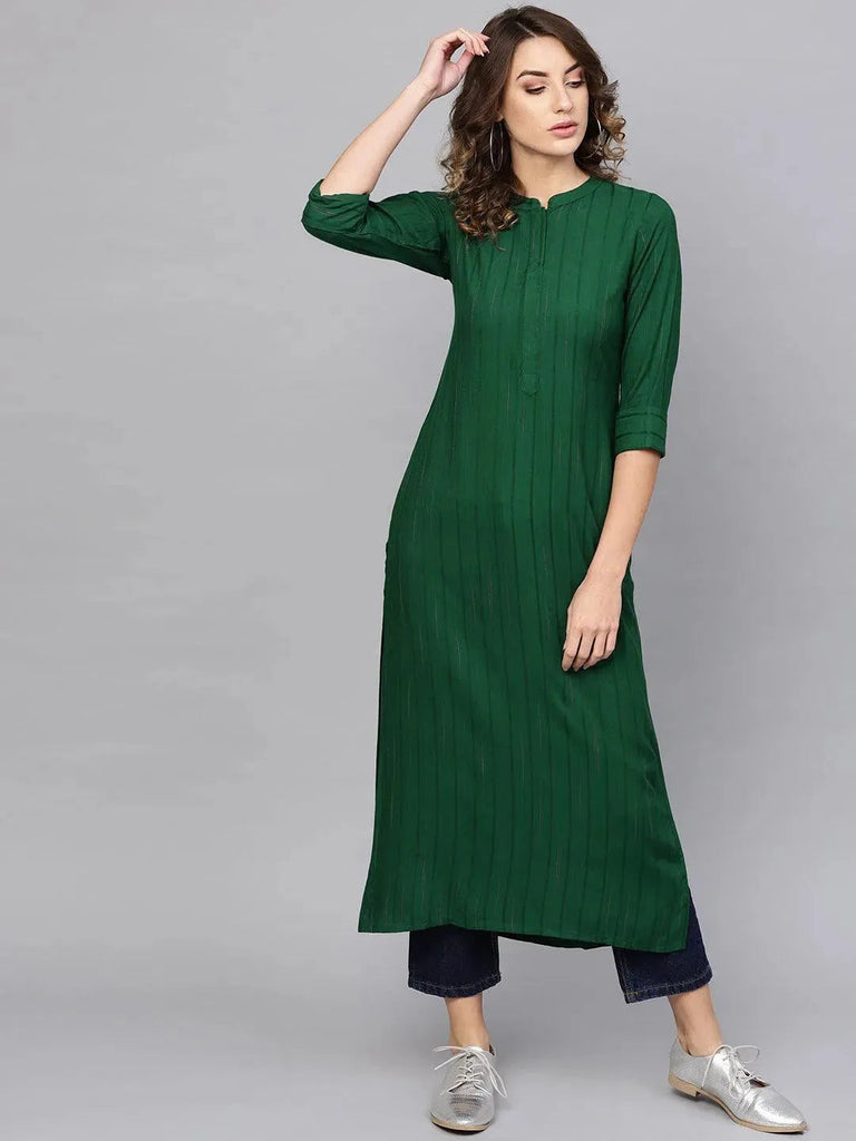 Libas Green Striped Rayon Kurta