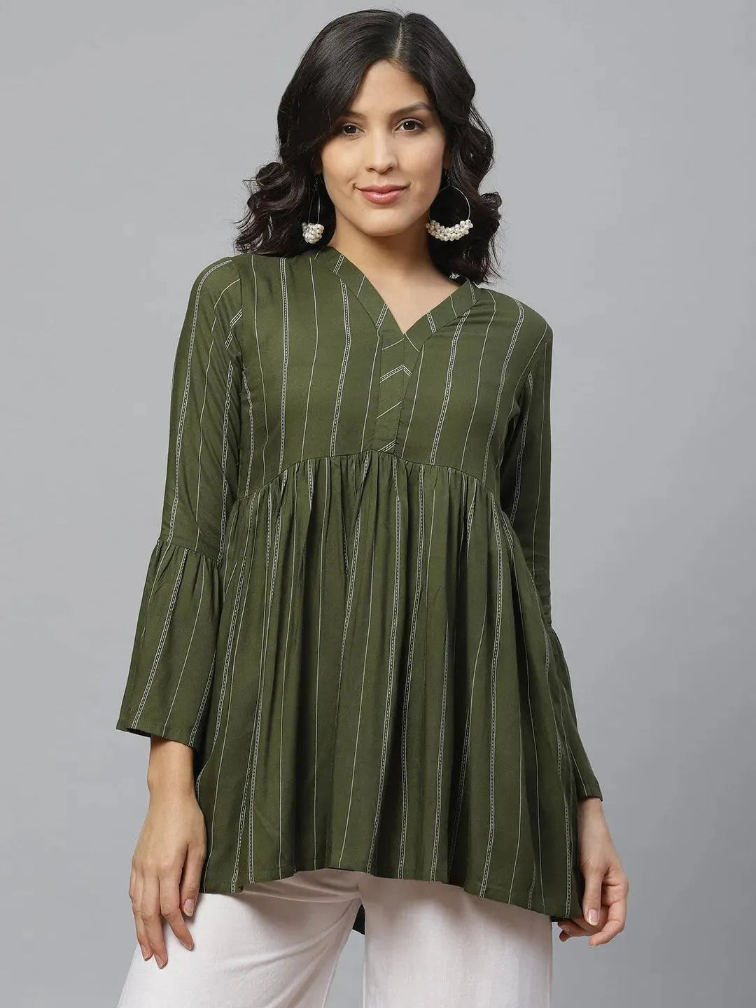 Green Striped Rayon Kurti - Libas