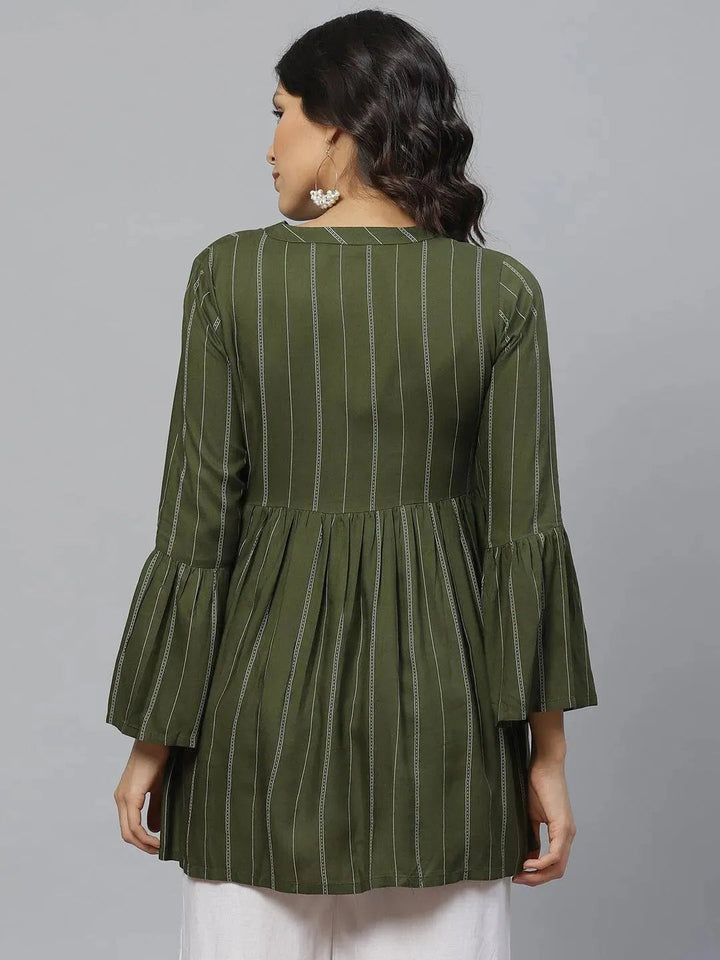 Green Striped Rayon Kurti - Libas