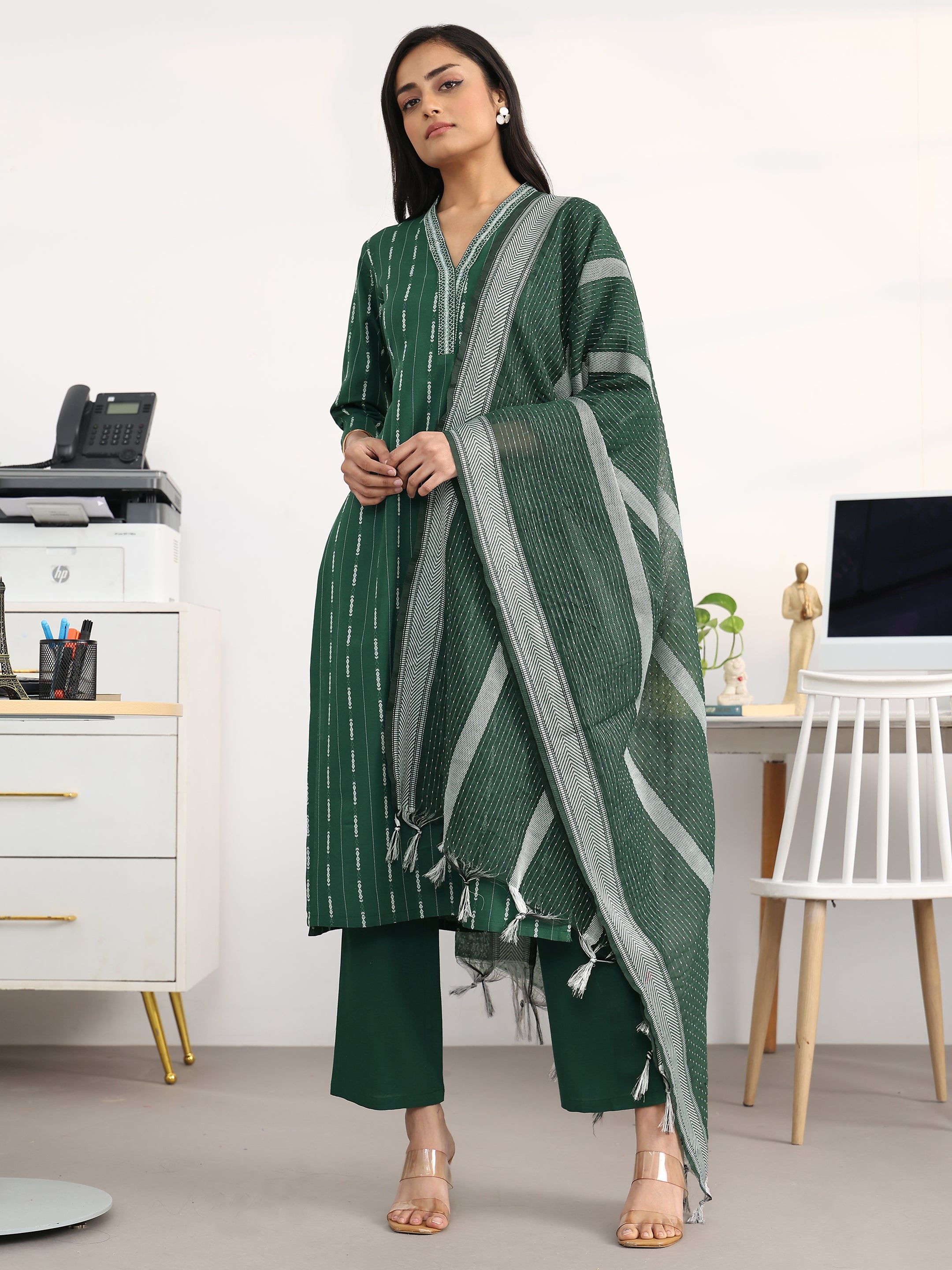 Green Striped Woven Design Cotton Blend Straight Suit Set With Dupatta-image-5
