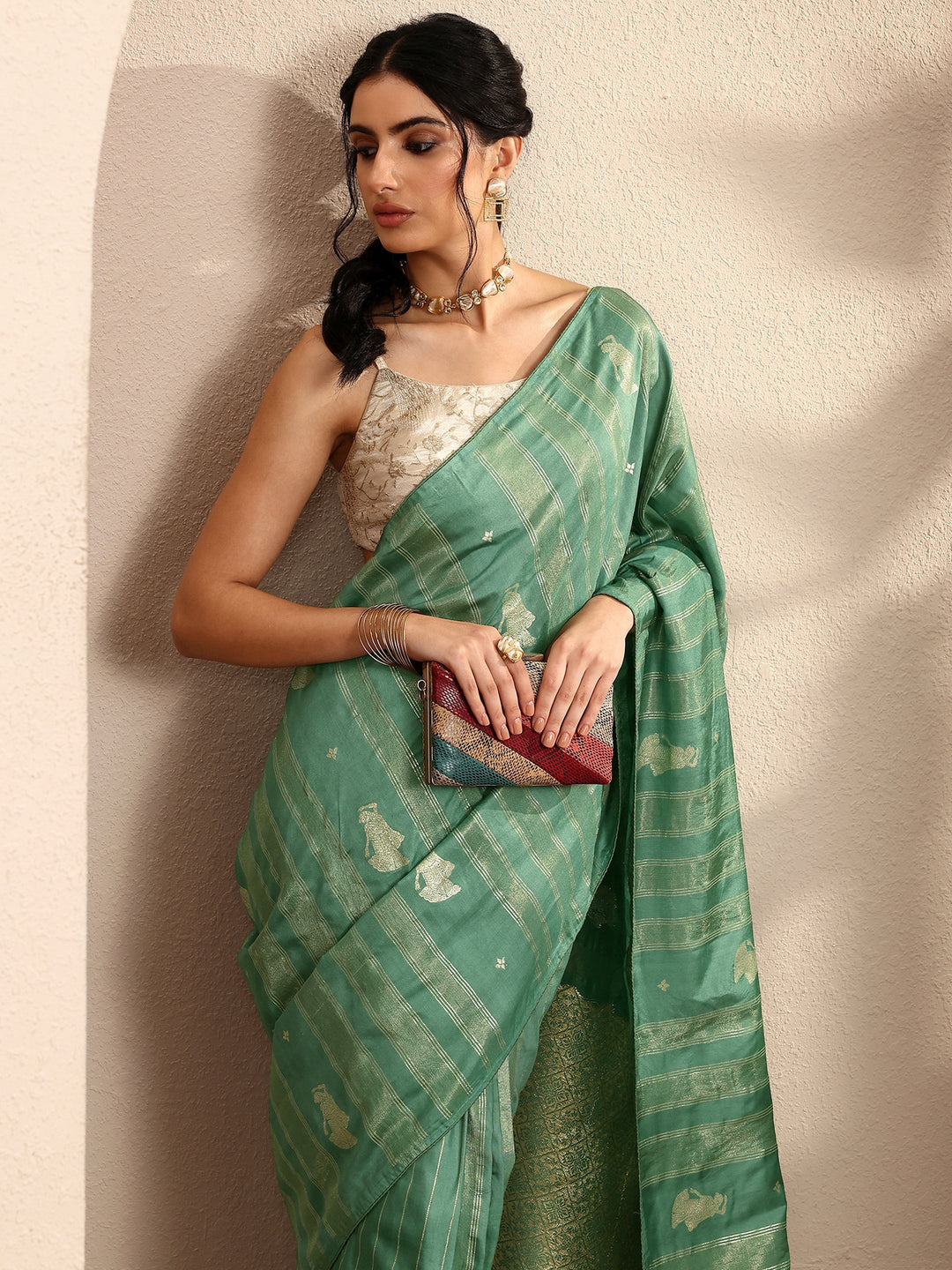  Green Striped Woven Design Silk Blend Saree With Unstitched Blouse Piece 