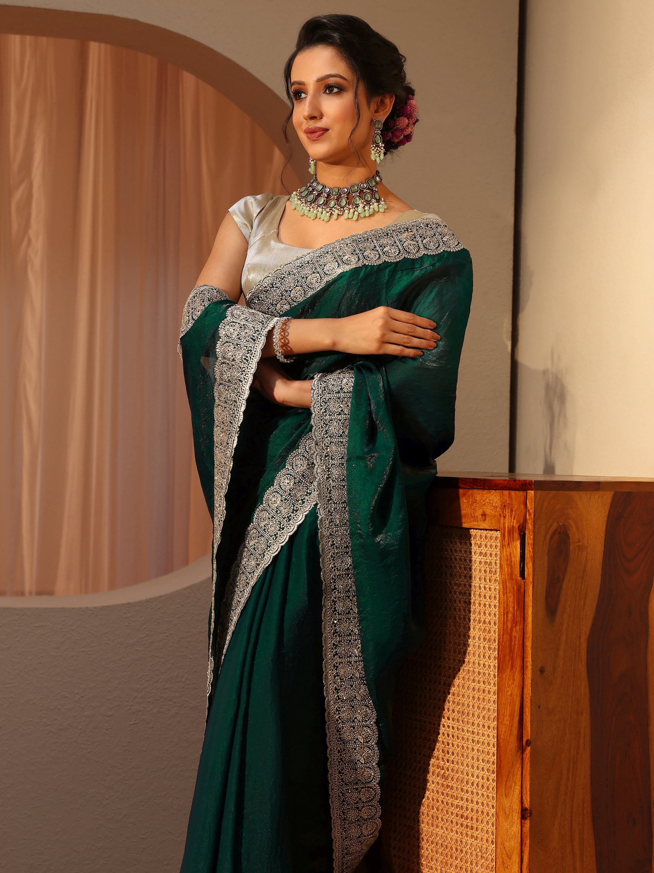 libas Green Tissue Saree With Embellished Border-picture-14