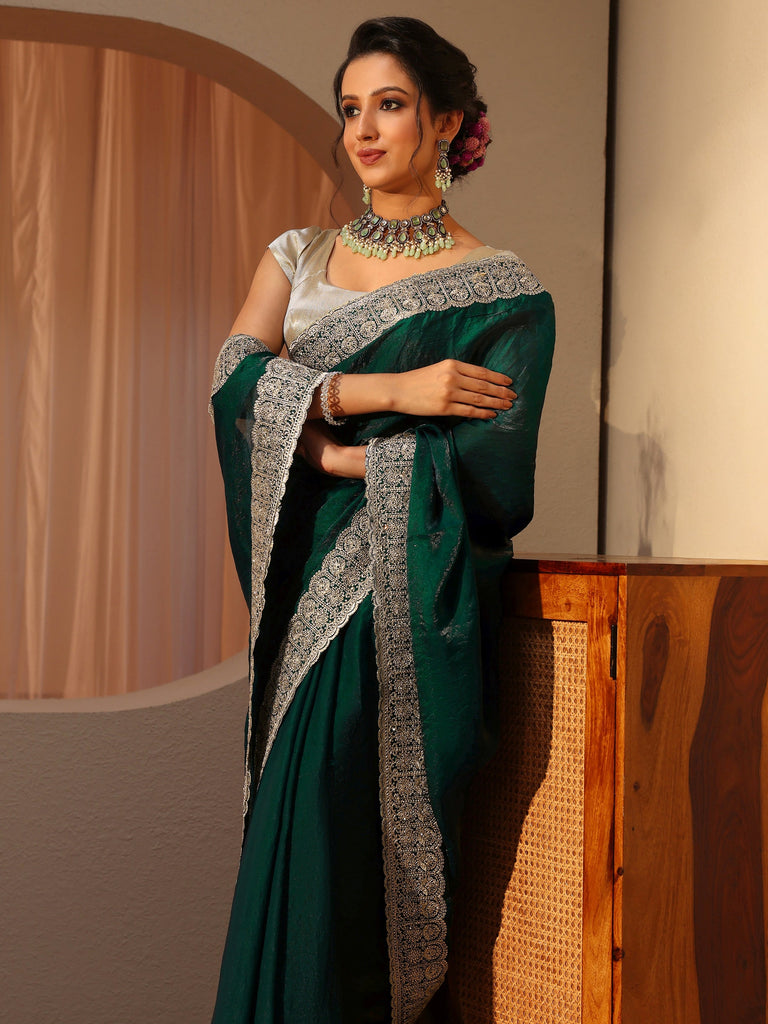 Libas Green Tissue Saree With Embellished Border