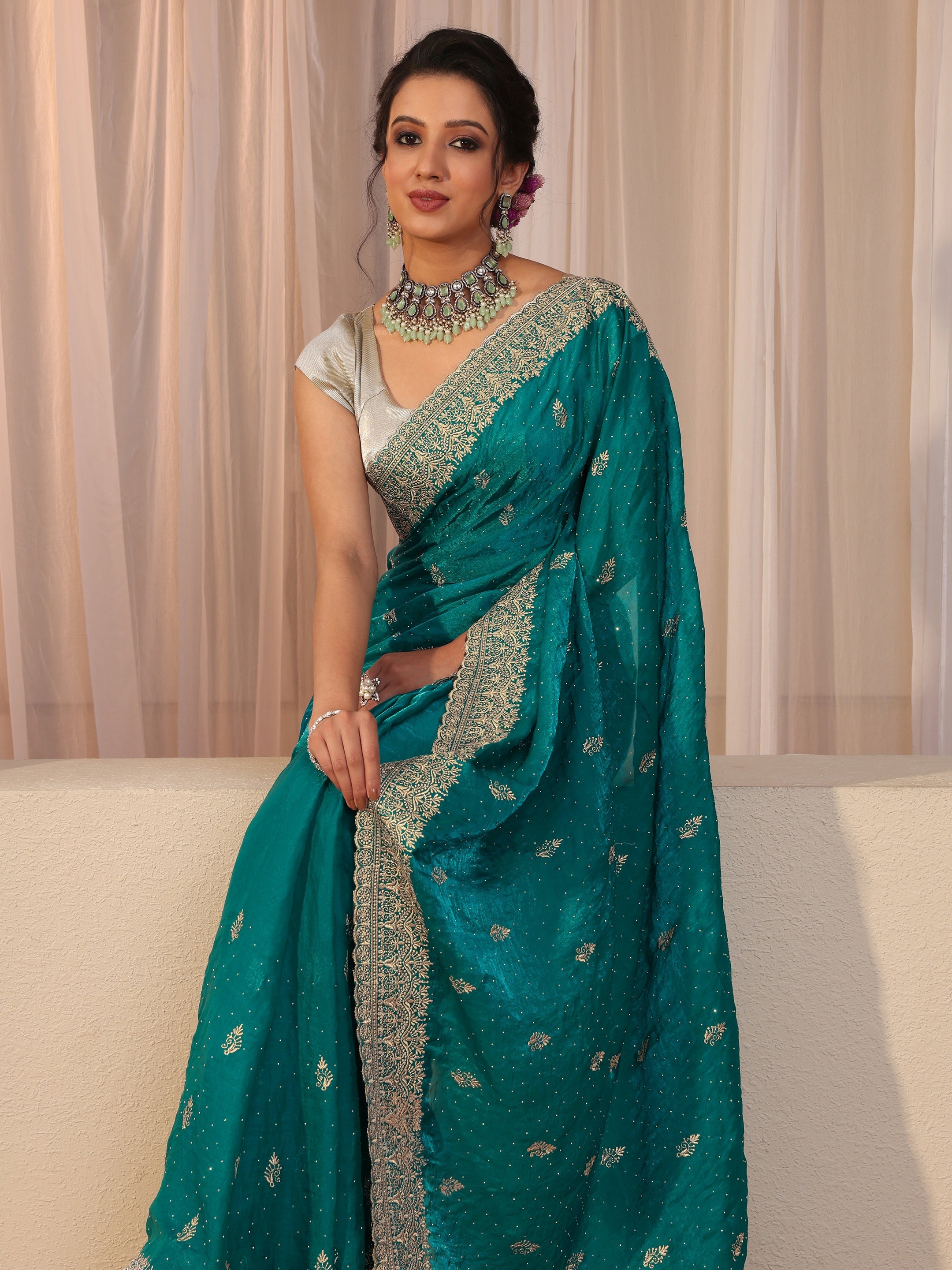 libas Green Tissue Saree With Embellished Border-picture-42