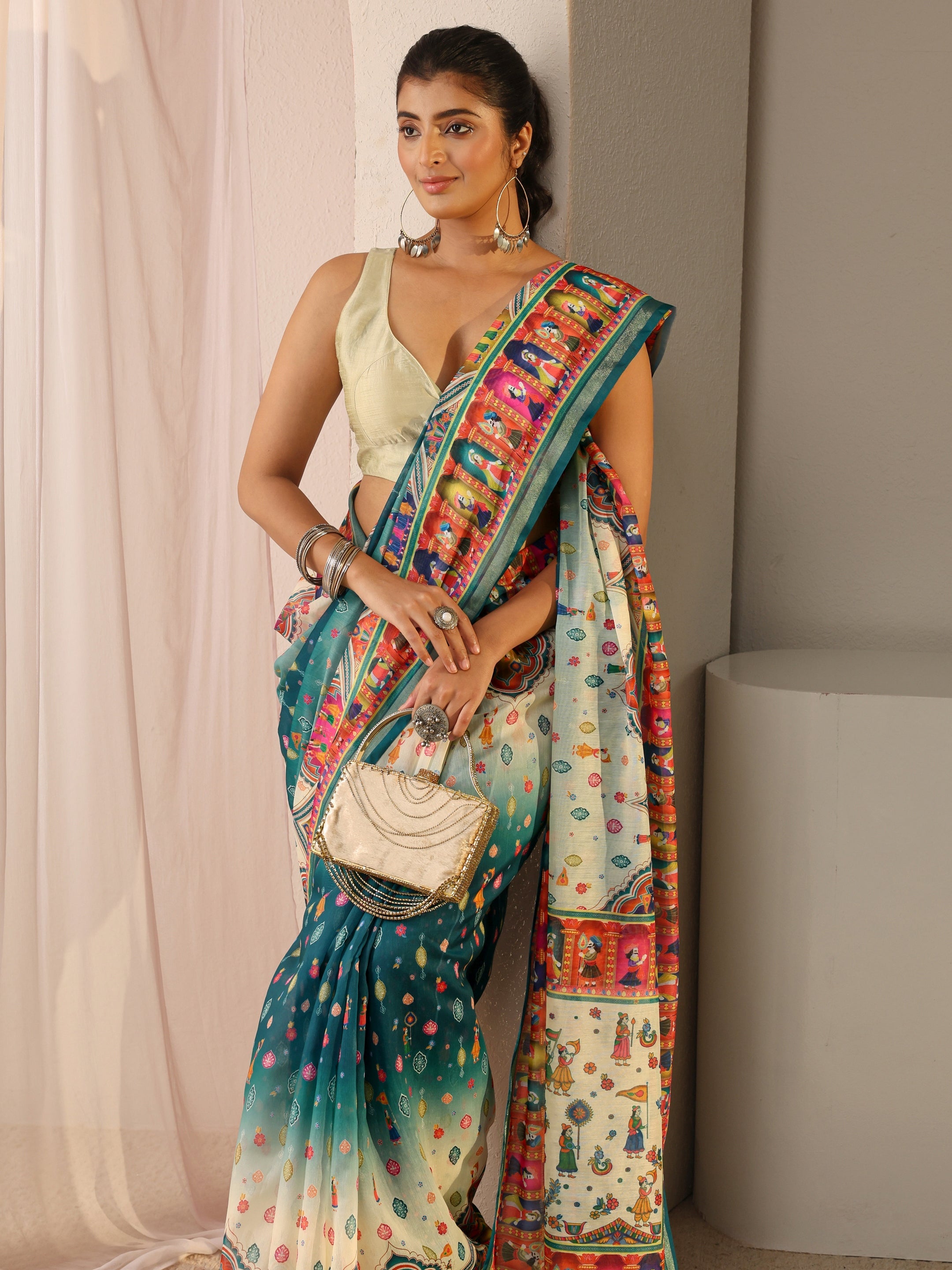 libas Green Tribal Printed Silk Blend Ombre Tassel Saree With Unstitched Blouse Piece-picture-63