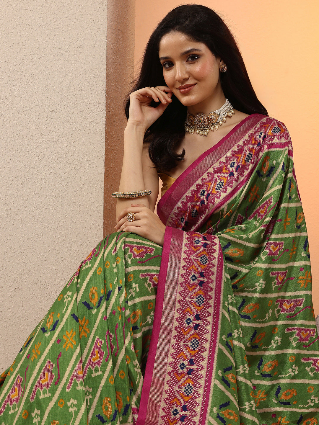  Green Tribal Printed Silk Blend Saree With Unstitched Blouse Piece 