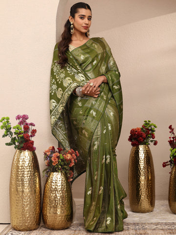 Green Tribal Woven Design Silk Blend Saree With Unstitched Blouse Piece