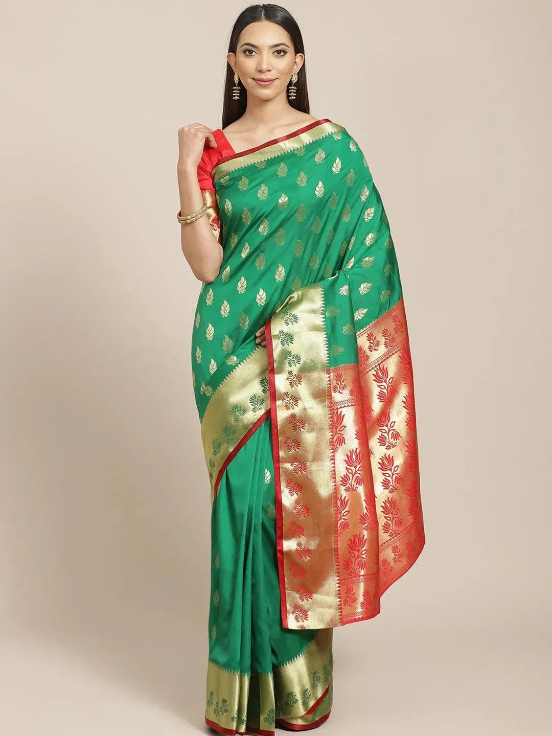 Green Woven Design Brocade Saree - Libas