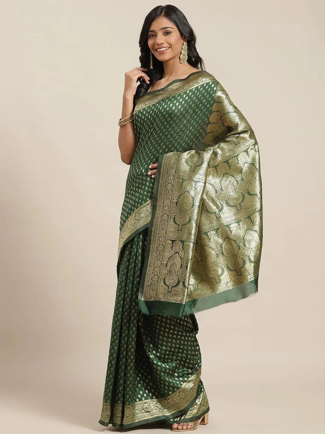 Green Woven Design Brocade Saree - Libas